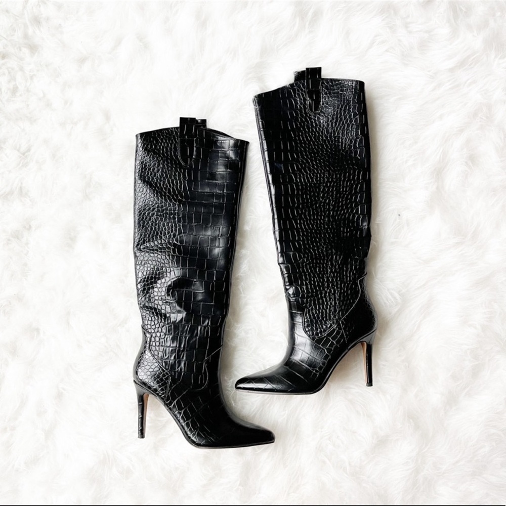 Black faux leather croc boots